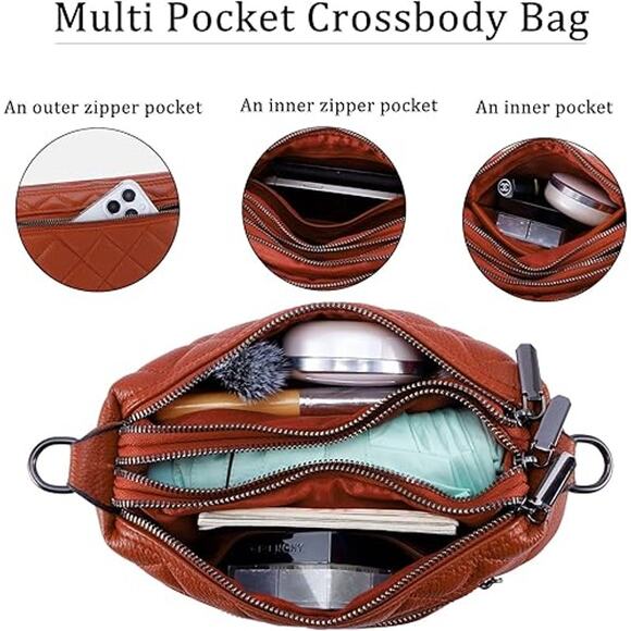 NEW Rust Quilted Crossbody Bag Triple Zipper Vegan Leather Shoulder Purse - Picture 5 of 6